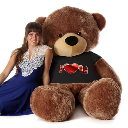 Image of 3 Feet Giant Teddy Bear Cuddles with I Heart You Glitter T-Shirt Soft /Fluffy /Huggable Cute Teddy Bear for Kids and Girls Birthday and Valentines Day Gift (Brown)