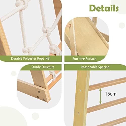 COSTWAY 8-in-1 Climbing Frame, Wooden Gym Activity Center with Slide, Ladder, Climbing Rock/Net, Monkey Bars, Drawing Board, Abacus Game and Swing, Indoor Climber Playset for Kids (Natural)