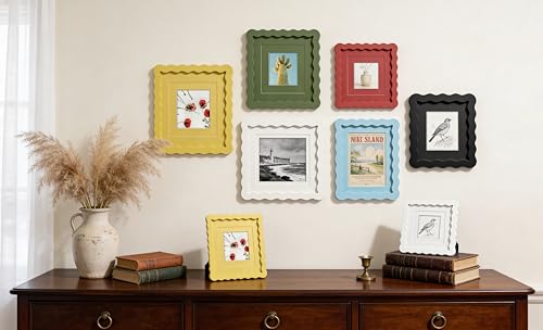ScandiNest Scalloped 8x8 Picture Frame, Real Glass Wood Frame with Reversible Mat for 4x4/6x6 Prints, Wavy Edge for Wall or Tabletop, Decorative Photo Frame, Blue by ScandiNest - Used condition - Image 8