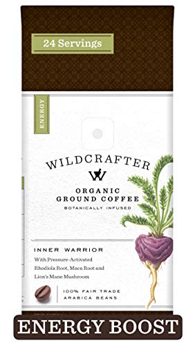 Wildcrafter Botanicals Organic Ground Coffee - Natural Energy Booster Infused with a Rhodiola, Maca Root & Lions Mane Mushroom Blend. Includes 12 Ounces of Ground Dark, Colombian Roast Herbal Coffee.