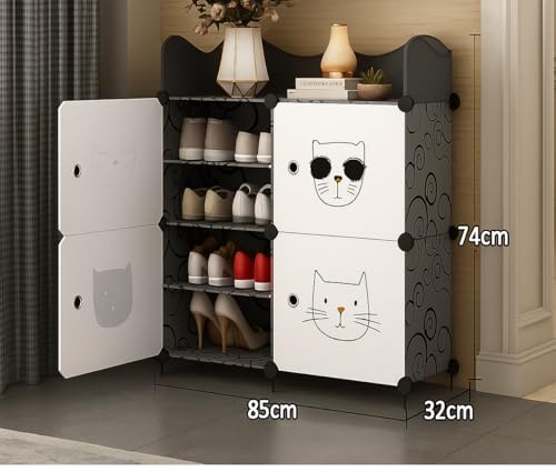 Image of YASONIC Plastic Shoe Rack for Home with Door, 4-Door Shoe Storage Cabinet | 8-Shelfs for 16 Pairs | Waterproof & Portable DIY Shoe Slipper & Chappal Stand for Entryway /Bedroom (Blackwh-W5)
