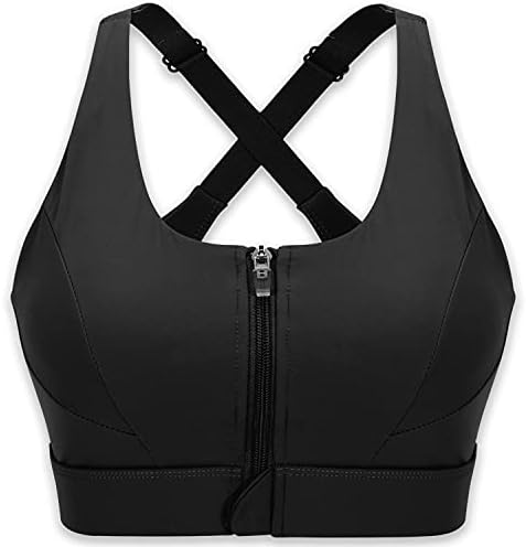 Cordaw Zip Front Sports Bra Adjustable Straps High Support Medium Impact Zipper Front Hook Running Bra Crisscross Padded, Black Medium