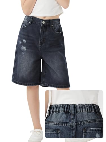 Image of Girls Shorts Elastic Waist Jorts Denim Jean Shorts Ripped Knee Length Bermuda Shorts for Kids Teen Girls Summer
