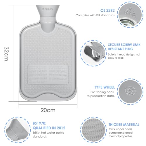 BOLEi Wärmflasche mit Weichem Bezug –Auslaufsicher 2L Groß Wärmflaschen mit Känguru-Tasche,Naturkautschuk +Bettflasche Flauschig (hellblau)