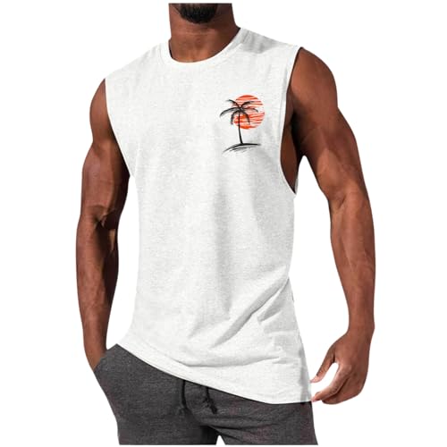 Image of Mens Summer Beach Tank Top Hawaiian Palm Tree Print Sleeveless Muscle Basic Tee Vacation Tops