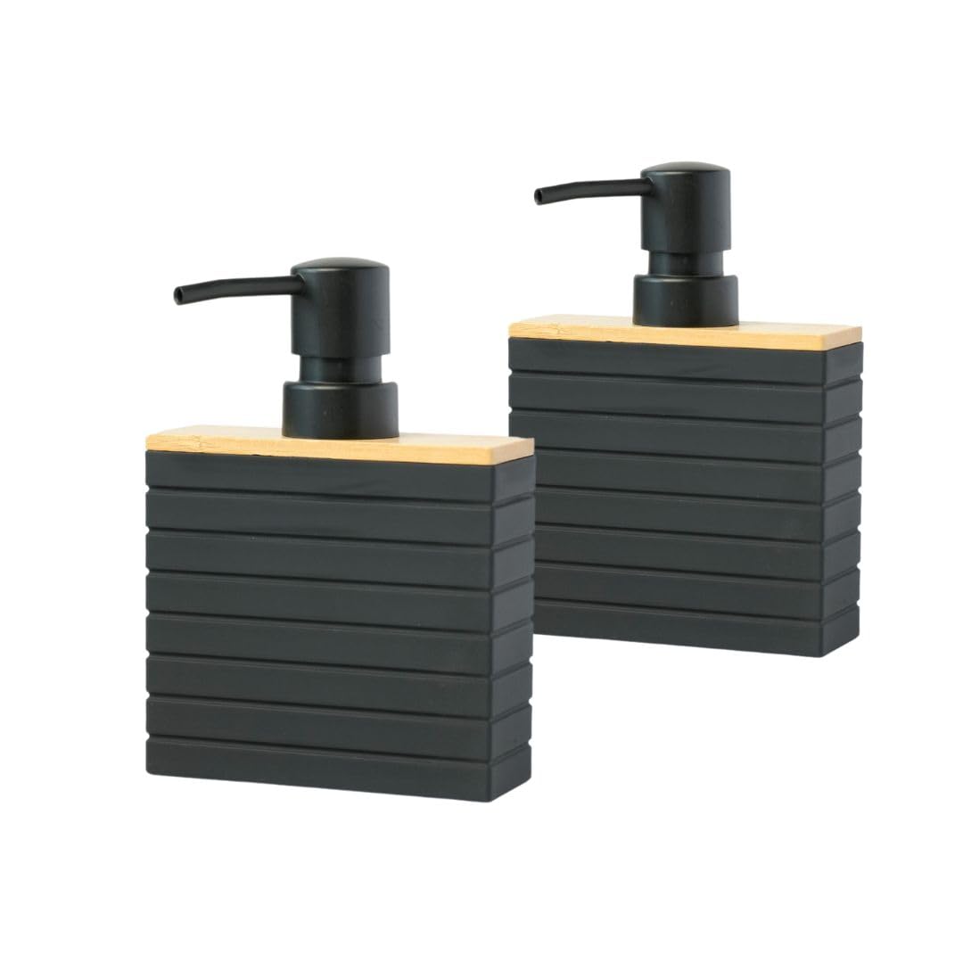 BUDDLEY Seifenspender Bamboo Schwarz, 2er Set Spülmittelspender für Küche & Bad, Freistehend