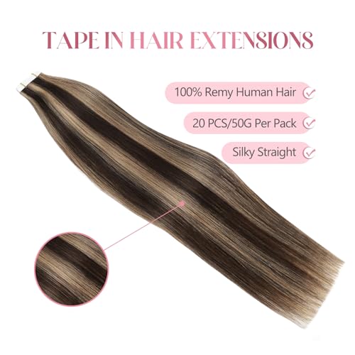 Image of Sixstarhair Tape In Hair Extensions Human Hair Chocolate Brown Highlighted Caramel Blonde Silky Straight Tape In Hair Remy Human Hair Extensions 50 Gram 20 Pcs [P4-27 22inch]