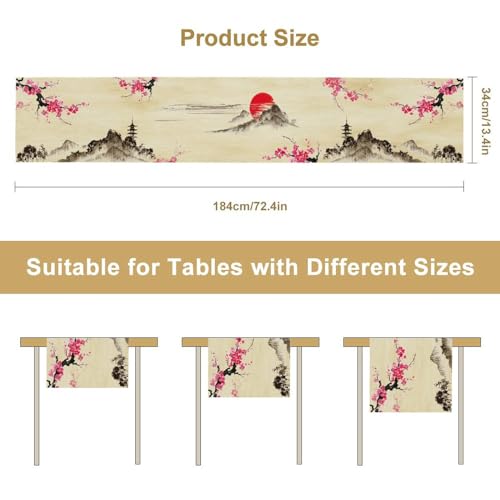 Image of Japanese Cherry Blossom Table Runner Retro Spring Landscape Mountain Plum Floral Tabletop Decor Cover for Holiday Dining Room Party 13x72 in