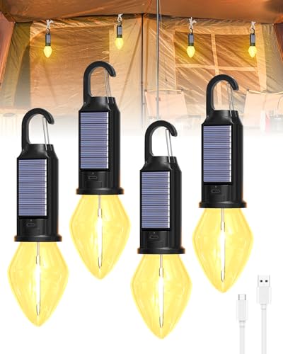 Rechargeable Camping Lamp Solar Powered Camping Light for Tent IP53 Waterproof Camping Lights USB-C Charging Tent Lights for Camping Hiking Climbing 4pcs