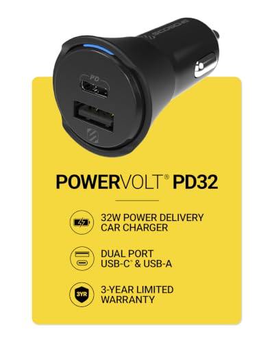 Scosche CPDCA32 PowerVolt 32Watt Certified USB Type-C & USB Type-A Fast Car Charger with Power Delivery 3.0 for All USB-C and USB-A Devices