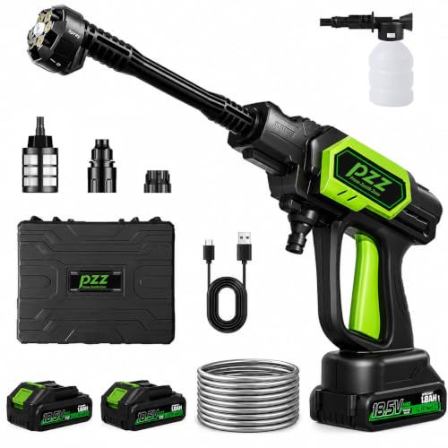 PZZ Cordless Pressure Washer, 1000 PSI Portable Power Cleaner with Dual 18.5V Batteries, 6-in-1 Nozzle & 17FT Hose, Lightweight Battery Powered Car Washer for Patio, Garden & Outdoor Cleaning (Green)