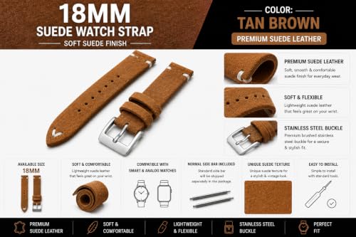 Image of 18MM Suede Watch Strap - Soft Suede Finish, Stainless Steel Buckle, Compatible with Smart & Analog Watches