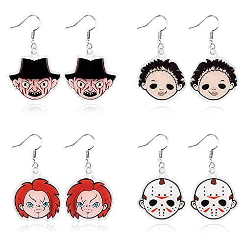 Laffact 4 Pairs of Halloween Horror Classic Movie Characters Earrings Hypoallergenic Dangle Earrings Scary Horror Movies Themed Cartoon Anime Cosplay Jewelry Collection Gifts for Women Men Movie Fans Laffact 4 Pairs of Halloween Horror Classic Movie Characters Earrings Hypoallergenic Dangle Earrings Scary Horror Movies Themed Cartoon Anime Cosplay Jewelry Collection Gifts for Women Men Movie Fans
