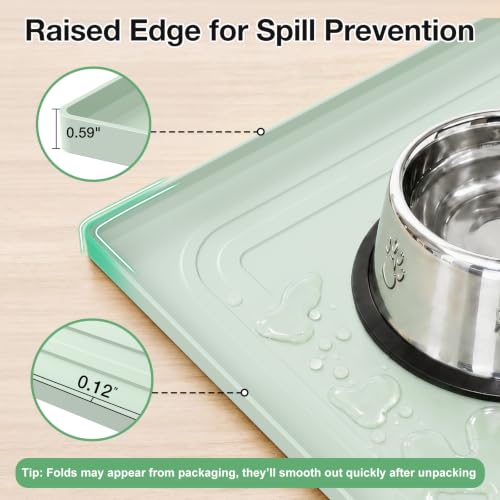 Image of 22x19 Pet Feeding Mat Waterproof Nonslip Cats and Dogs Water Bowl Mat | Silicone 0.59 inch Raised Edges Contain Food & Water Spills, Easy To Clean, Bpa-Free, Reinforced To Resist Collapse,Light Green
