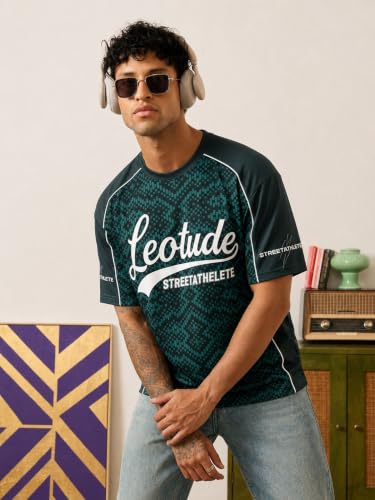 Image of LEOTUDE Oversized Sports T-Shirt for Men | Streetwear Printed Half Sleeve Round Neck Jersey Style Tee | Casual Gym & Athleisure Wear (Color:Purple)