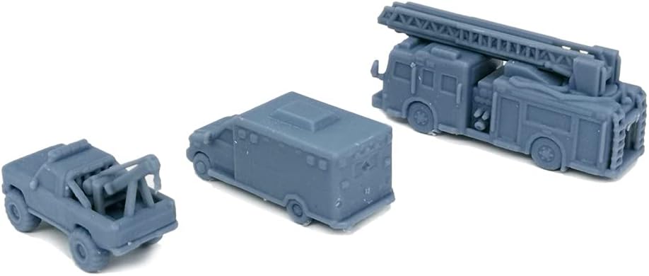 Outland Models Railroad Scenery Rescue Truck Set: Fire/Ambulance/Tow Pickup 1:160 N Scale