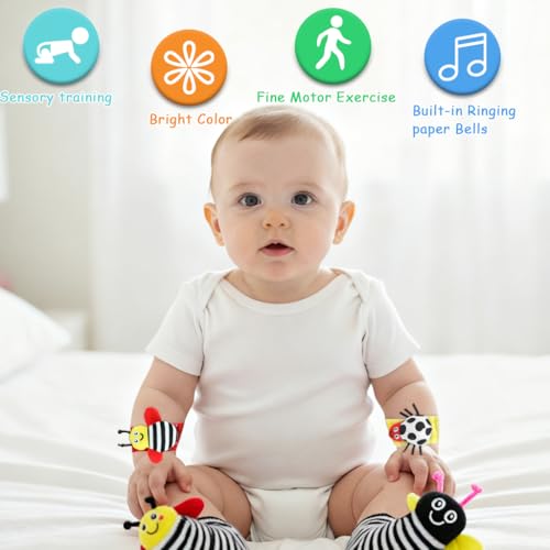 Image of SNOWIE SOFT Rattle Set for Babies 0-6 Months, Baby Socks and Wristband Rattle Toy Set, Cartoon Fun Cotton Socks with Cartoon Plush Rattles Toy for New Born Baby Gifts
