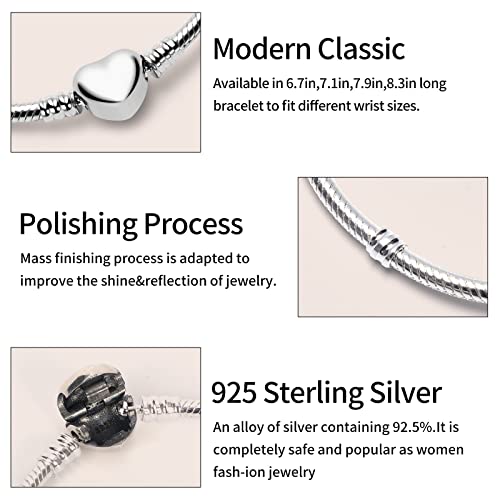 Wakctferg Charm Bracelet For Woman 925 Sterling Silver Jewelry Moments Heart Clasp Snake Chain Bracelet Fit Any Charm Gift For Women Girl (Zll-23, 7.5In/19Cm) #TOP2
