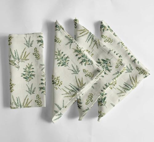 Vargottam Green Fern Botanical Cotton Muslin Napkins - Set of 12, 20-Inch, Elegant & Absorbent, Ideal for Dinner Parties, Home Decor, and Special Occasions - Machine Washable
