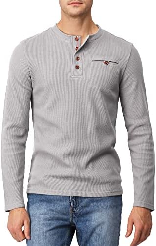 H2H Long Sleeve Henley Shirts for Men Casual Waffle Cotton T Shirts Gray US L/Asia XL (KMTTL062)