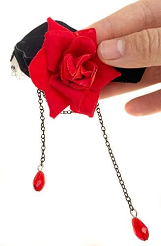 Elegant Retro Rose Flower Collarbone Chain Clavicle Necklace Gothic Lolita Black Lace Collar Choker Ornament Wedding Halloween Accessories (Red)