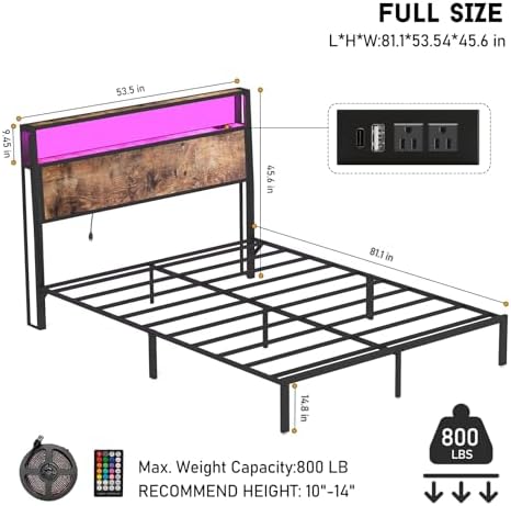 Full Size Bed Frame with 2-Tier Storage Headboard with Charging Station and 12 Color LED Lights,2 Tier Solid Wood Headboard Storage,Noise Free, No Box Spring Needed,Remote Control/Vintage Brown