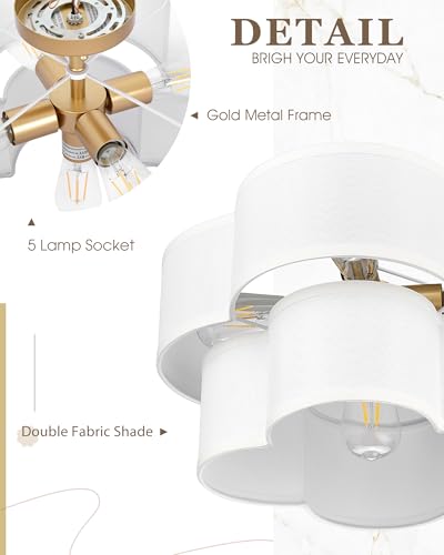 Image of Gold Semi Flush Mount Ceiling Light, 5-Light 18 inch Ceiling Light Fixtures with Double Fabric Drum Shade in Quatrefoil Shape, Light Fixtures Ceiling Mount for Nursery Bedroom, AD-22007-5SF-GD