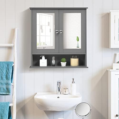Multigot Wall Mounted Mirror Cabinet, Bathroom Storage Cupboard with Double Doors & Adjustable Shelf, Home Wooden Hanging Organized Unit (Grey)