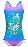 Einteiliger Bademode für Mädchen, Farbverlauf Lila mit Heißpräge-Einhorn，Zweifarbiger Schultergurt Swimsuit