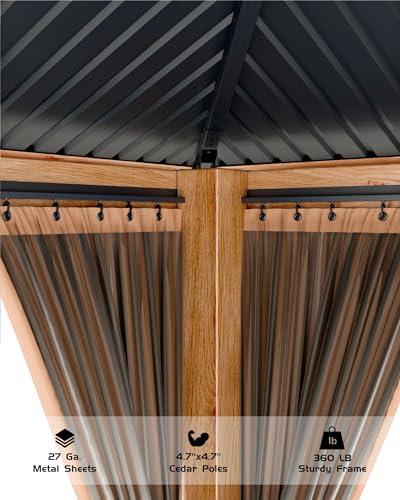 Hardtop Wood Gazebo 12'x12' for All Weather, with Double Metal Roof, Heavy Duty Wooden Frame, Net, and Curtain, Permanent Building for Patio, Deck, Backyard, Lawn, and Garden, Khaki