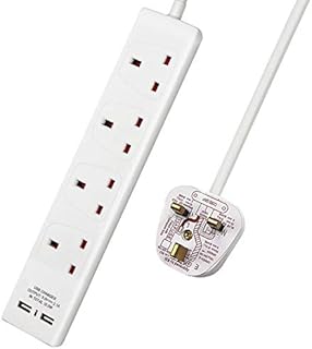 ExtraStar 4 Way Extension Lead with 2 USB Slots, 13A UK Plug Extension, Wall Mounted Power Strips with 5M/16.4FT Extension Cable - White