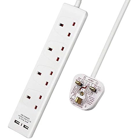 ExtraStar 4 Way Extension Lead with 2 USB Slots, 13A UK Plug Extension, Wall Mounted Power Strips with 1M/3.3FT Extension Cable - White Cover