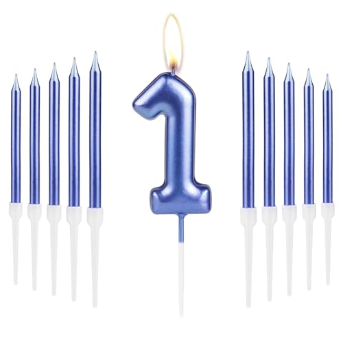 Metallic Royal Blue 1st Birthday Number Candles Set,Pearlescent Thin Pencil Cake Candles for 1 Year Old Birthday Party Decorations