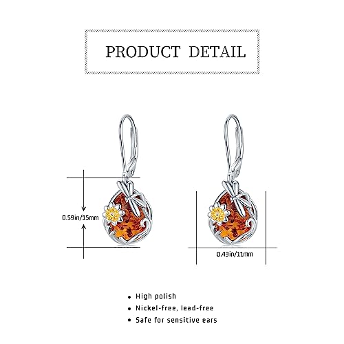 Dragonfly Earrings Sterling Silver Amber Teardrop Leverback Earrings Sunflower Dangle Drop Earrings Dragonfly Jewelry Gifts For Women Girls #TOP6