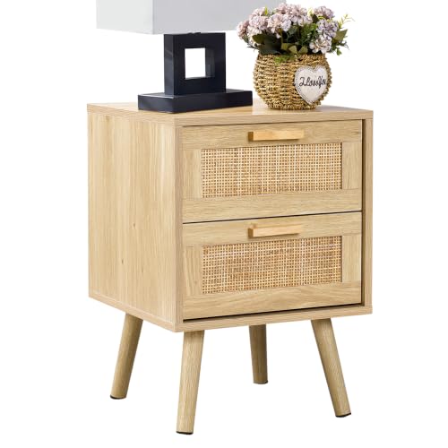 Finnhomy Nightstand, End Table, Side Table with 2 Hand Made Rattan Decorated Drawers, Wood Accent Table with Storage for Bedroom, Natural (Patented)