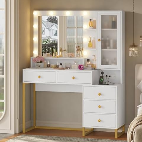 Tiptiper Large Makeup Vanity with Lights, Vanity Table with Charging Station Vanity Desk with Mirror and 10 LED Light Bulbs, Makeup Table with 5 Drawers, Nightstand and Storage Shelves, White & Gold Cover