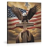 HQFRDNF 4th of July Decorations Bald Eagle Cross Canvas Wall Art, Christian American Flag Painting Artwork Print, Independence Day Home Wall Decor for Living Room Bedroom 8x10 Inches