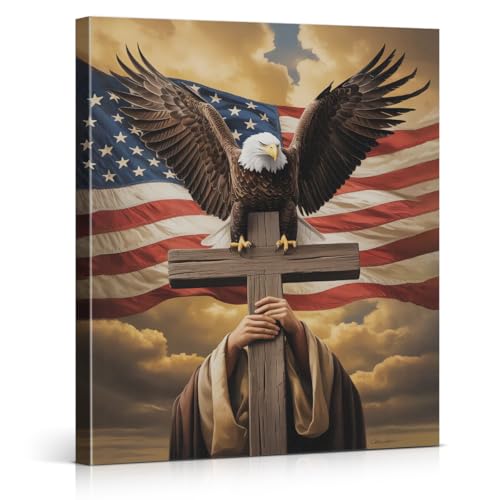 HQFRDNF 4th of July Decorations Bald Eagle Cross Canvas Wall Art, Christian American Flag Painting Artwork Print, Independence Day Home Wall Decor for Living Room Bedroom 8x10 Inches