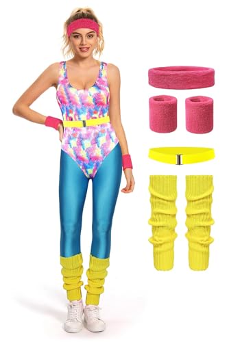 galeeup 80s Workout Costume Women Aerobics Leotard Outfits Full Accessories Yoga Set Headband Wristbands 6 Pcs