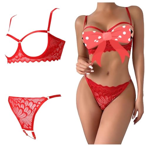 VicSec Damen Dessous Set 2-Teil Bügel-BH + String Tanga Unterwäsche Frauen Flirty Lingerie Sexy Babydoll Dessous Spitze BH und Slip Heißen Sexy Reizwäsche Push up Set S-XL