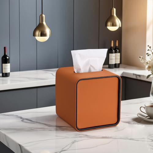 GORESE Square Tissue Box Cover for Kleenexs, PU Leather Tissue Box Holder, Decorative Tissue Holder Cover for Bathroom Bedroom Living Room Office, Orange by GORESE - Image 2