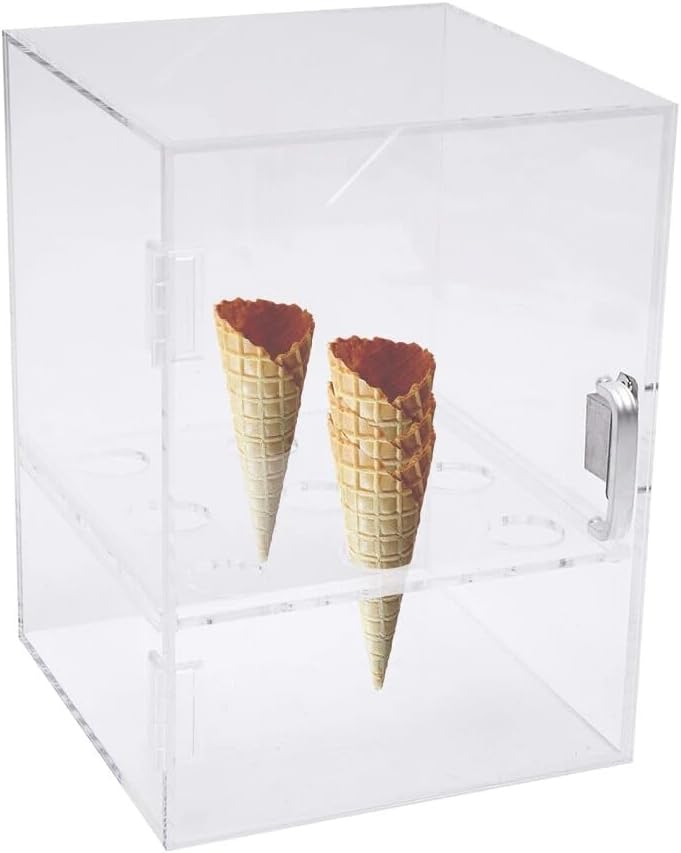 Ice Cream Cone Cabinet, 9 Holes Acrylic Ice Cream Cone Holder with Handle, Transparent Waffle Roll Sushi Display Box Waffle Cone Holder Display Case with Door for Weddings Parties Anniversaries