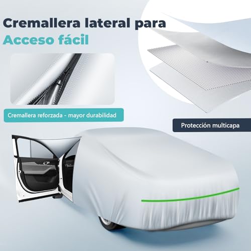 Autreykorn Funda Coche Exterior Impermeable Anti-UV Resistente al Viento y al Polvo con Cremallera Lateral, Funda Coche 510x190x150 cm Berlinas Medianas y Grandes - imagen 2