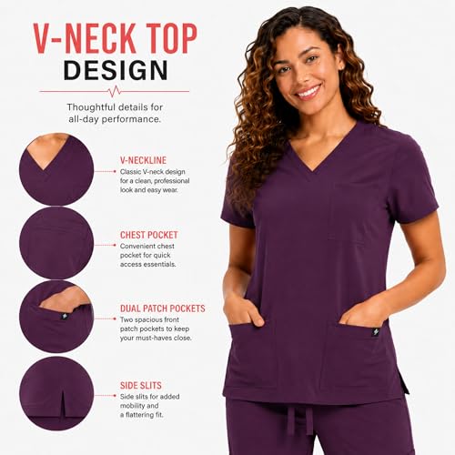 M&M SCRUBS Women’s 11 Pocket Cool Stretch Cargo Scrub Set, V-Neck Top & Drawstring Straight Leg Pants (Eggplant, X-Small) by M&M SCRUBS - Image 6
