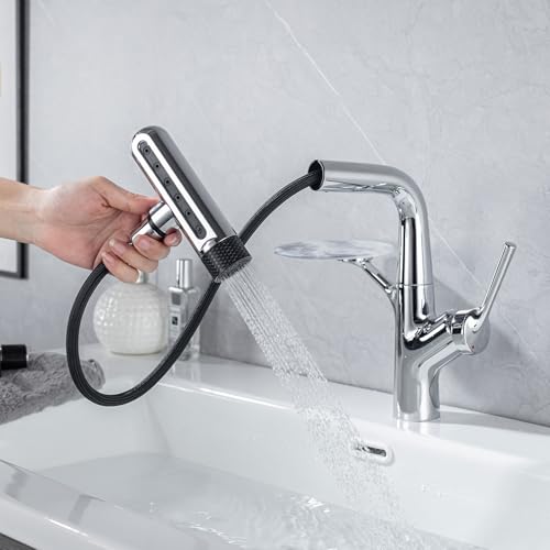 LakeBayMZC Robinet de lavabo avec douchette extractible, mitigeur monocommande pour lavabo à poser, avec 6 types de jet d'eau, chromé