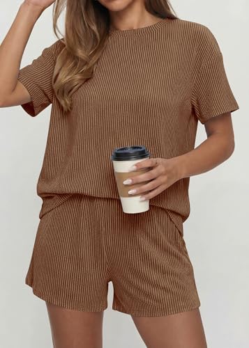 KIRUNDO Two Piece Sets for Women Dressy Casual Ribbed Knit Short Sleeve Top Matching Shorts Lounge Set 2026 Summer Outfits(Brown, XX-Large) — view 3