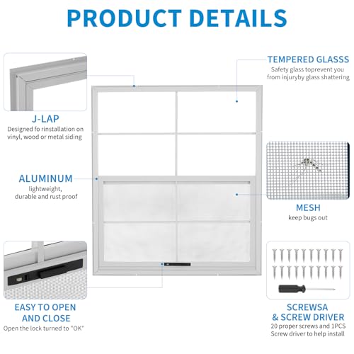 2 Pack 18x27 Shed Windows, Flush Mount Sliding Windows with Screen, Rust Resistant White Aluminum Frame, Easy Installation for Chicken Coop, Playhouse, Barn, Garage & Outdoor Structures by SierraSquad - Used condition - Image 3