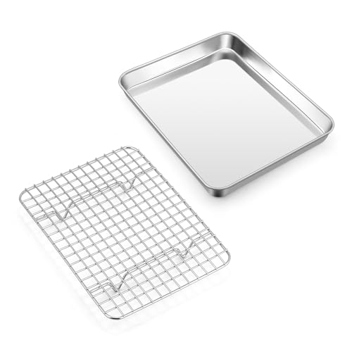 Homikit Plaque de cuisson avec grille de refroidissement, mini plaque de four, plaque à gâteau et grille à gâteau pour la cuisson, le service à rôtir, 23,6 x 17,8 x 2,5 cm, non toxique, passe au