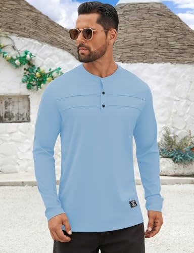 Hardaddy Men's Henley Button Up Shirts Long Sleeve Pleated Front Letter Print Casual Tee3