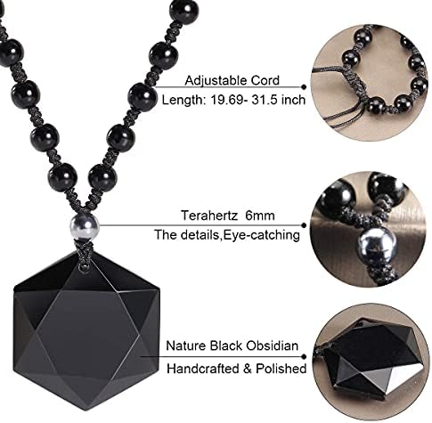 Jewboo Hexagram Star Black Obsidian Pendant Crystal Necklace Guardian Natural Stone Bead Chain for Men and Women